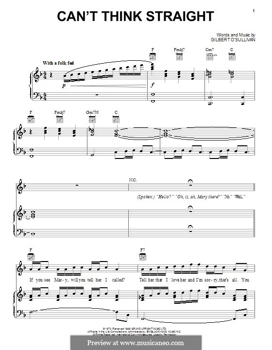 Can't Think Straight: Für Stimme und Klavier (oder Gitarre) by Gilbert O'Sullivan