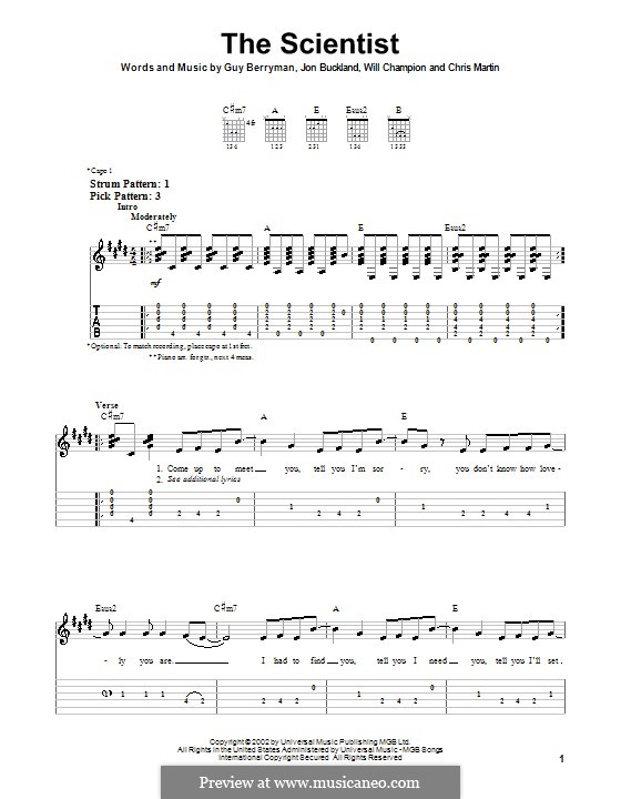 The Scientist (Coldplay): For guitar with tab (C Sharp Minor) by Chris Martin, Guy Berryman, Jonny Buckland, Will Champion