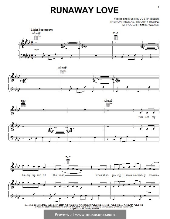 Runaway Love (Justin Bieber): Für Stimme und Klavier (oder Gitarre) by Melvin Hough II, Rivelino Wouter, Theron Thomas, Timothy Thomas