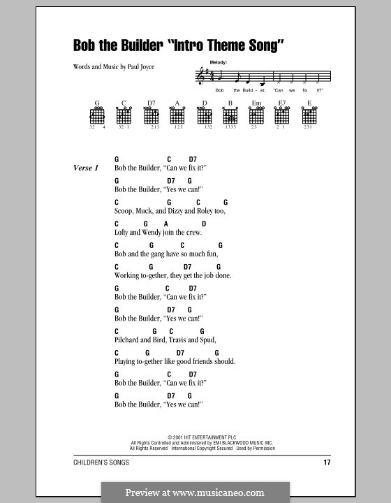 Bob the Builder Intro Theme Song: Text und Akkorde by Paul Joyce