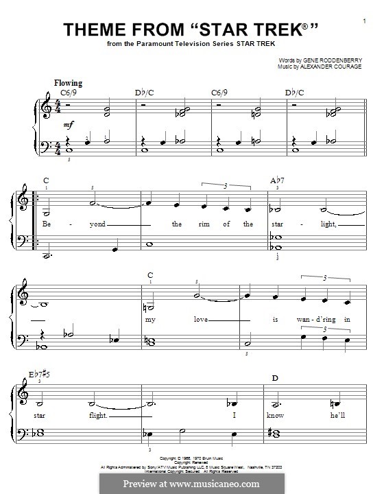 Star Trek. Theme: Einfache Noten für Klavier by Alexander Courage