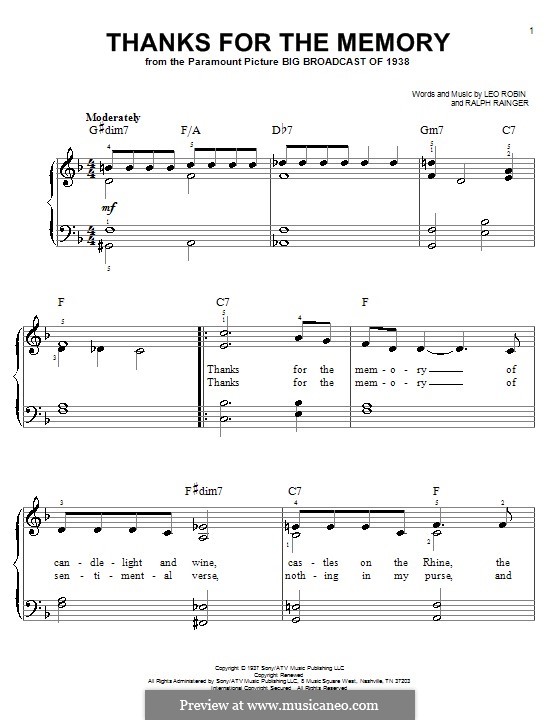 Thanks for the Memory: Einfache Noten für Klavier by Ralph Rainger