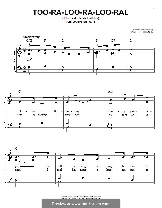 Too-Ra-Loo-Ra-Loo-Ral (That's an Irish Lullaby): For esy piano by James Royce Shannon