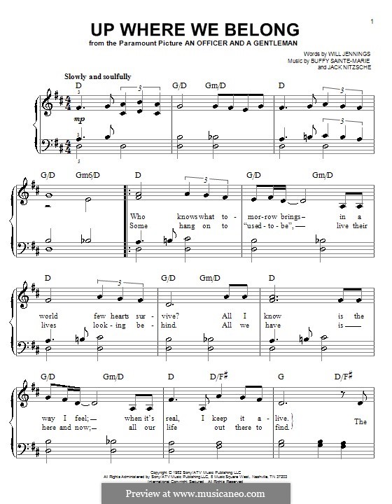 Up Where We Belong (Joe Cocker and Jennifer Warnes): Einfache Noten für Klavier by Buffy Sainte-Marie, Jack Nitzsche, Will Jennings