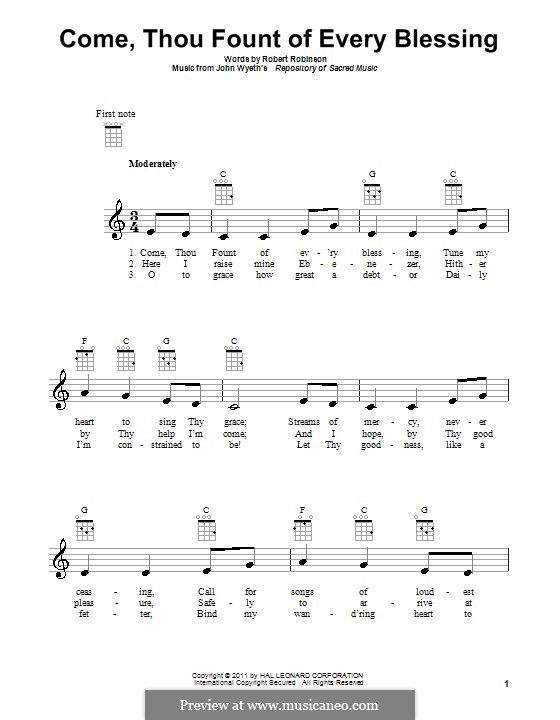 Come, Thou Fount of Every Blessing: Für Ukulele by John Wyeth