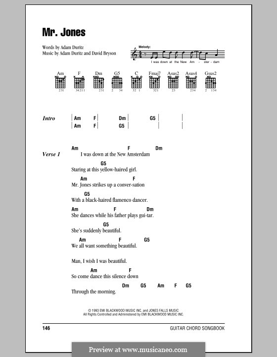 Mr. Jones (Counting Crows): Text und Akkorde by Adam F. Duritz, David Bryson