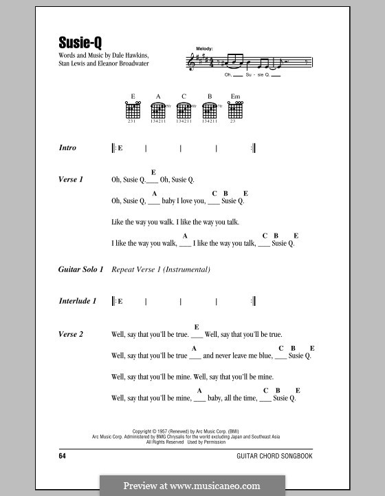 Susie-Q (Creedence Clearwater Revival): Text und Akkorde by Dale Hawkins, Eleanor Broadwater, Stan Lewis