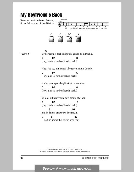 My Boyfriend's Back (The Angels): Text und Akkorde by Gerald Goldstein, Richard Gottehrer, Robert Feldman