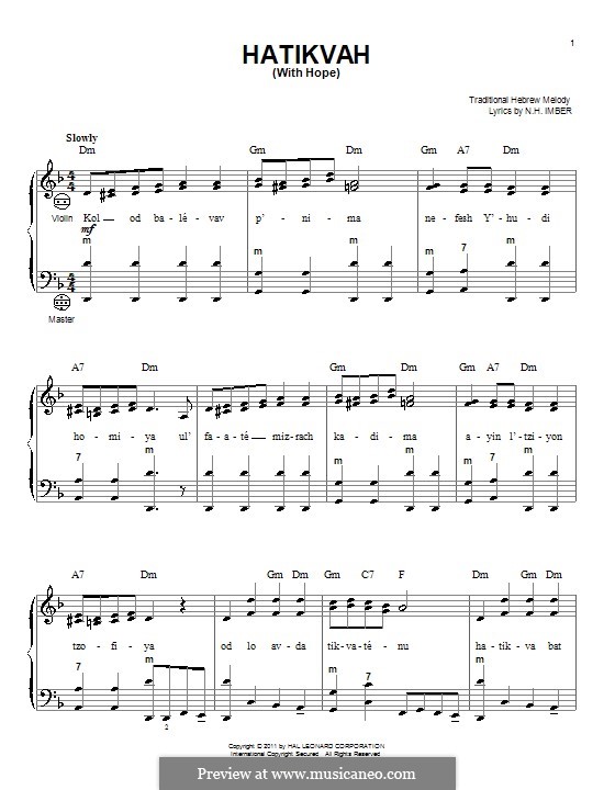 HaTikwa von folklore Noten auf MusicaNeo