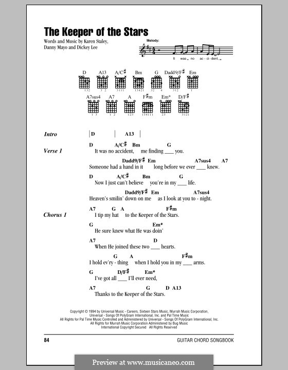 The Keeper of the Stars (Tracy Byrd): Text und Akkorde by Danny Mayo, Dickey Lee, Karen Staley