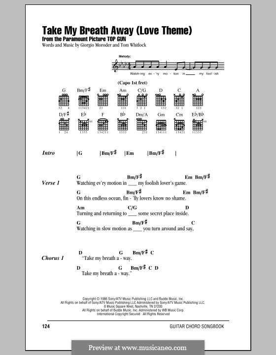 Take My Breath Away (Berlin): Texte und Akkorde by Giorgio Moroder