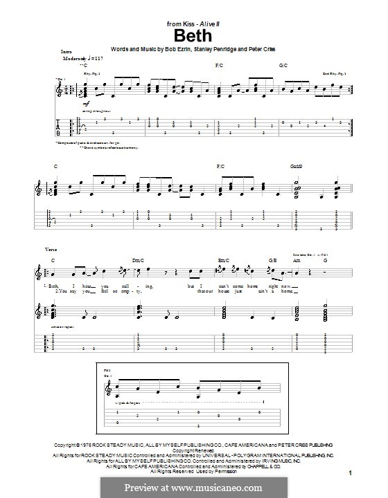 Beth: Für Gitarre mit Tabulatur by Bob Ezrin, Peter Criss, Stan Penridge
