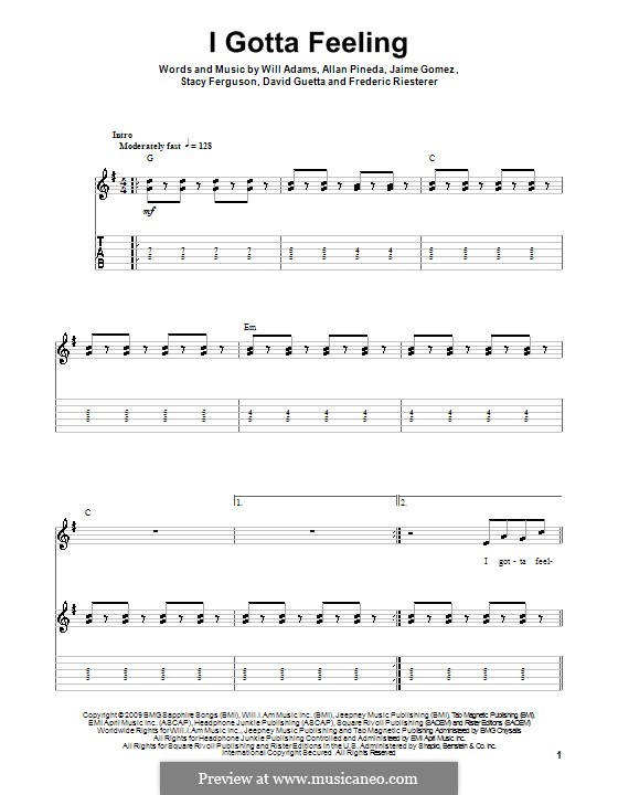 I Gotta Feeling (The Black Eyed Peas): Für Gitarre mit Tab by apl.de.ap, David Guetta, Frédéric Riesterer, Jaime Gomez, Stacy Ferguson, will.i.am