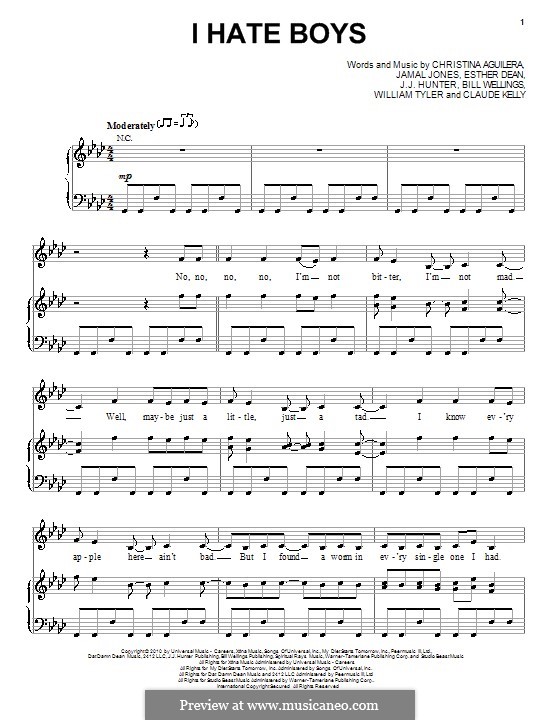 I Hate Boys (Christina Aguilera): Für Stimme und Klavier (oder Gitarre) by Bill Wellings, Claude Kelly, Esther Dean, J.J. Hunter, Jamal Jones, William Tyler