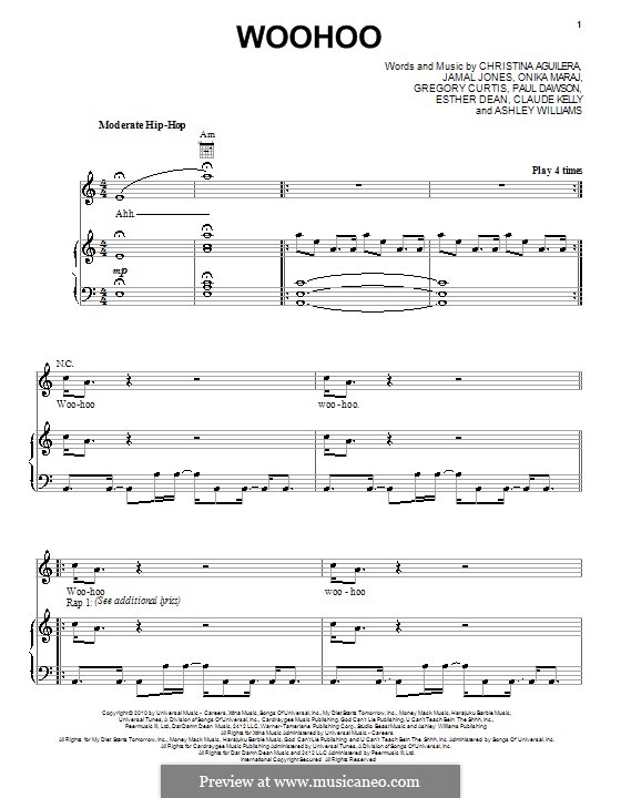 Woohoo (Christina Aguilera): Für Stimme und Klavier (oder Gitarre) by Ashley Williams, Claude Kelly, Esther Dean, Gregory G. Curtis, Jamal Jones, Onika Maraj, Paul Dawson