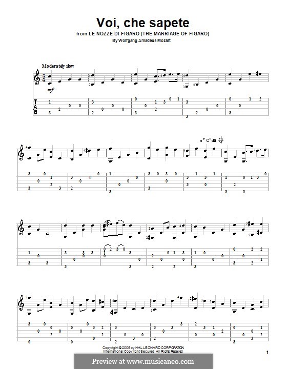 Voi, che sapete: Version für Gitarre by Wolfgang Amadeus Mozart