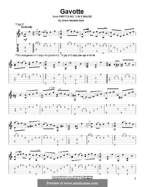 Partita für Violine Nr.3 in E-Dur, BWV 1006: Gavotte. Bearbeitung für Gitarre by Johann Sebastian Bach