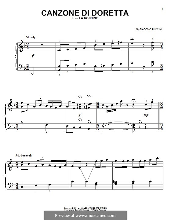 La Rondine: Doretta's Dream (Canzone di Doretta), for piano by Giacomo Puccini