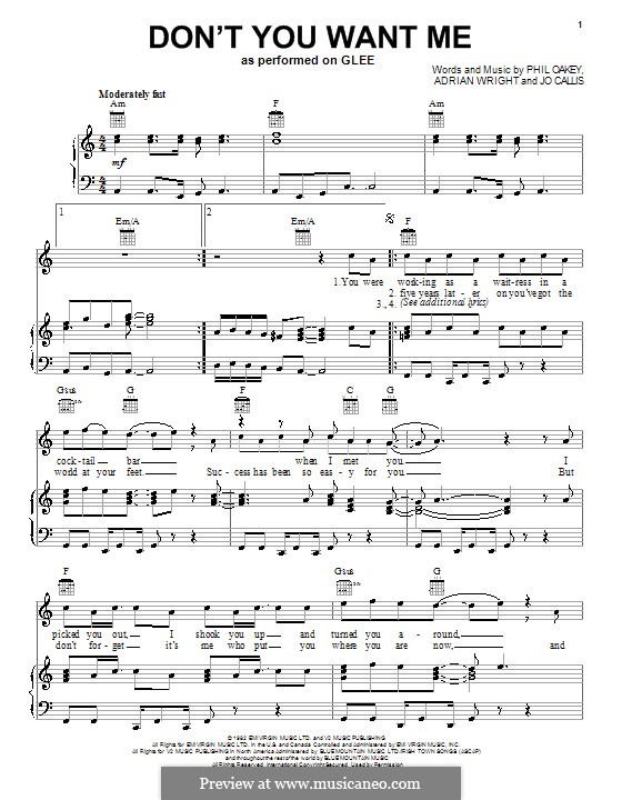 Don't You Want Me: Für Stimme mit Klavier oder Gitarre (Glee Cast) by Adrian Wright, Jo Callis, Philip Oakey