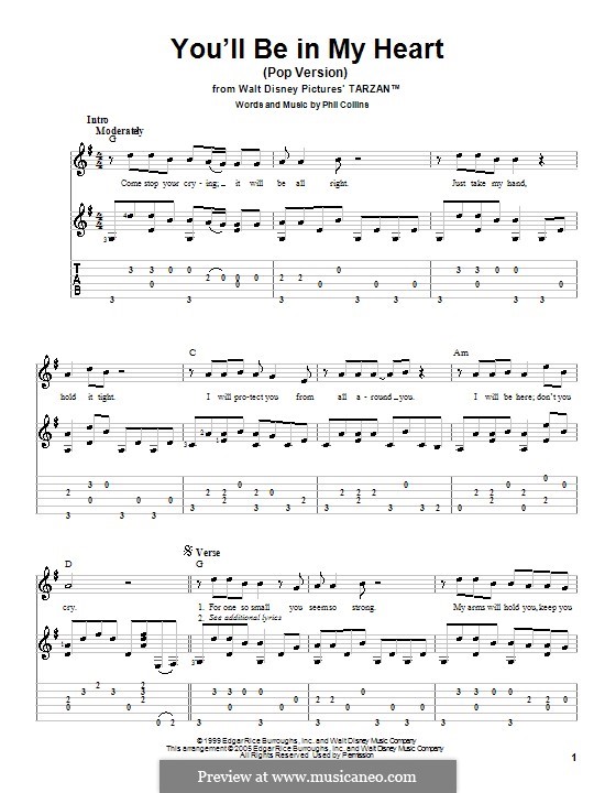 You'll Be in My Heart (from Walt Disney's Tarzan): Für Gitarre mit Tabulatur (G Major) by Phil Collins