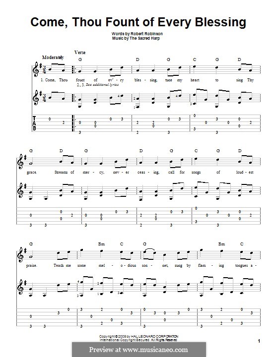 Come, Thou Fount of Every Blessing: Für Gitarre mit Tab by John Wyeth