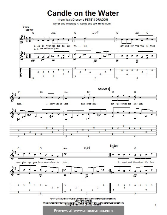 Candle on the Water (from Walt Disney's Pete's Dragon): Für Gitarre mit Tabulatur by Al Kasha, Joel Hirschhorn