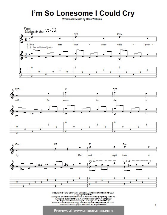 I'm So Lonesome I Could Cry: Für Gitarre mit Tabulatur by Hank Williams