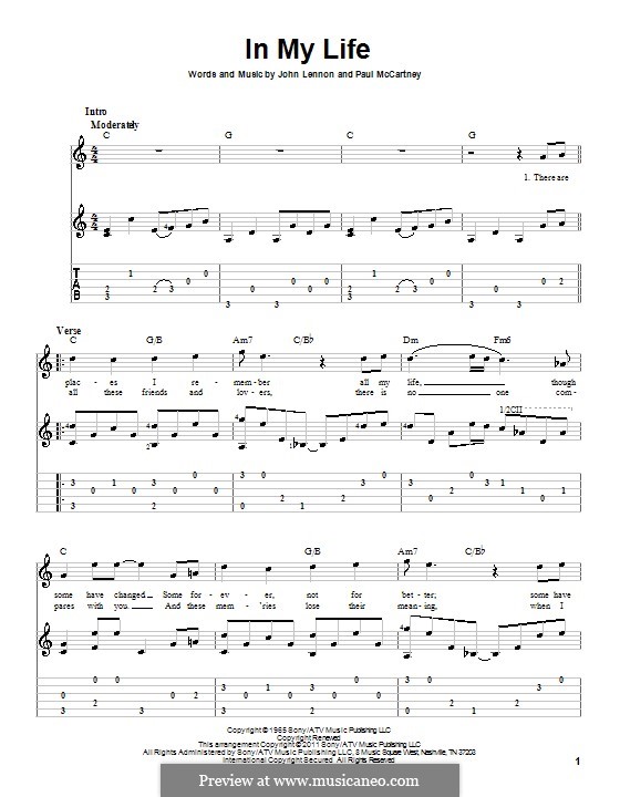 In My Life (The Beatles): For guitar with tabulature and lyrics by John Lennon, Paul McCartney