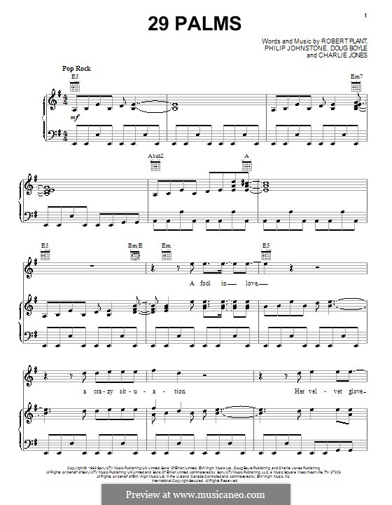 29 Palms: Für Stimme und Klavier (oder Gitarre) by Charlie Jones, Doug Boyle, Philip Johnstone