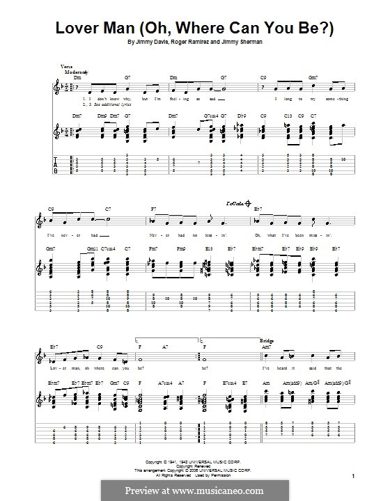 Lover Man (Oh, Where Can You Be?): Für Gitarre mit Tabulatur (Billie Holiday) by Jimmie Davis, Jimmy Sherman, Roger Ramirez