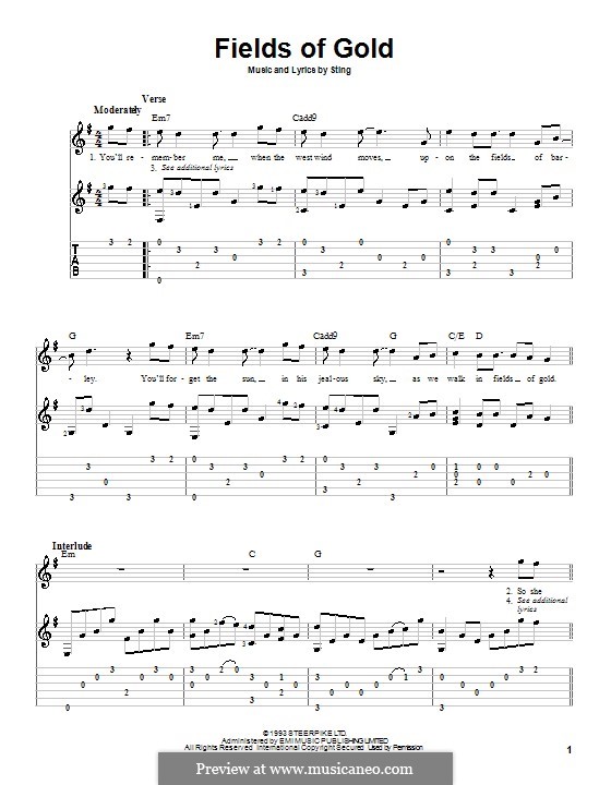 Fields of Gold: For guitar with tabulature and lyrics by Sting