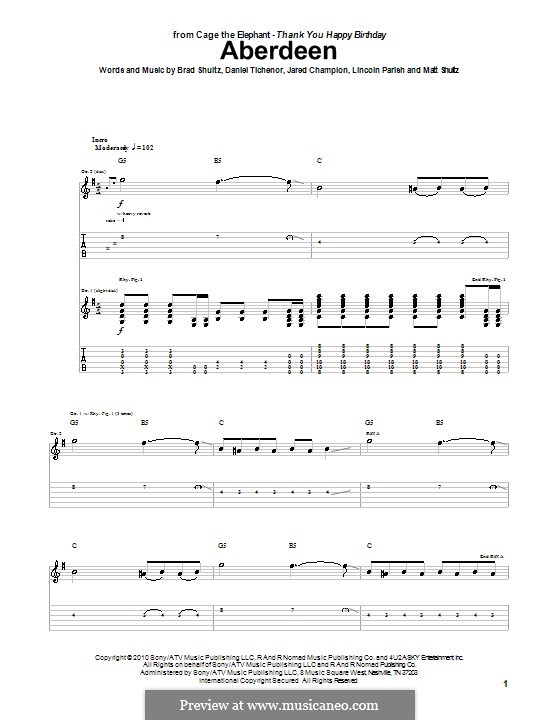 Aberdeen (Cage the Elephant): Für Gitarre mit Tabulatur by Brad Shultz, Daniel Tichenor, Jared Champion, Lincoln Parish, Matt Shultz