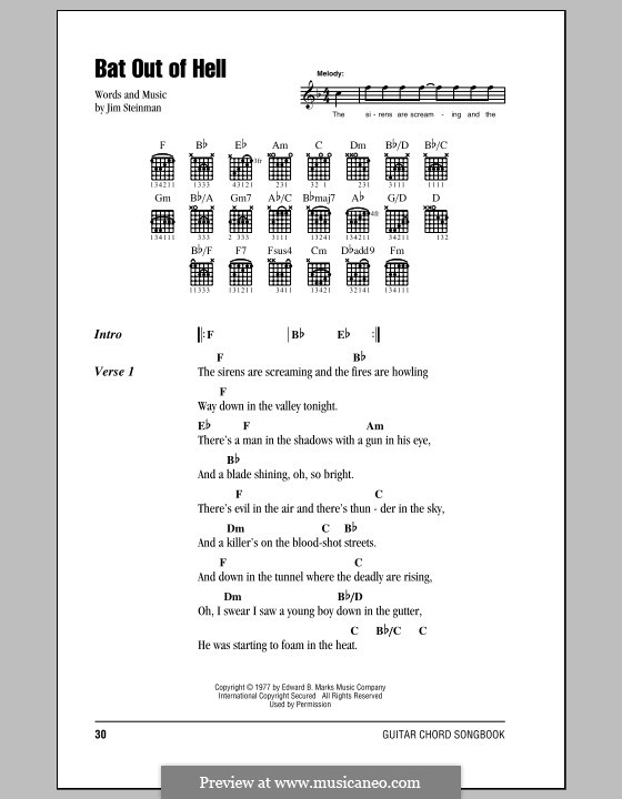 Bat Out of Hell (Meat Loaf): Texte und Akkorde by Jim Steinman