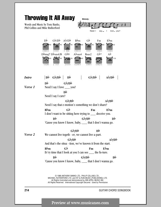 Throwing It All Away (Genesis): Text und Akkorde by Tony Banks, Mike Rutherford, Phil Collins