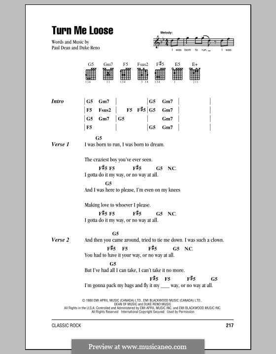 Turn Me Loose (Loverboy): Text und Akkorde by Duke Reno, Paul Dean
