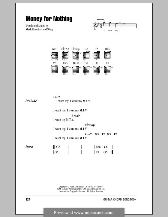 Money for Nothing: Text und Akkorde by Sting, Mark Knopfler