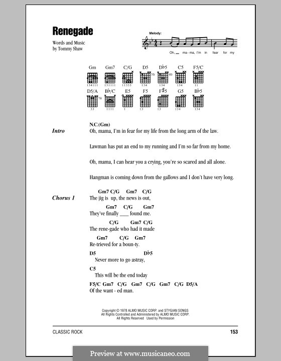 Renegade (Styx): Texte und Akkorde by Tommy Shaw