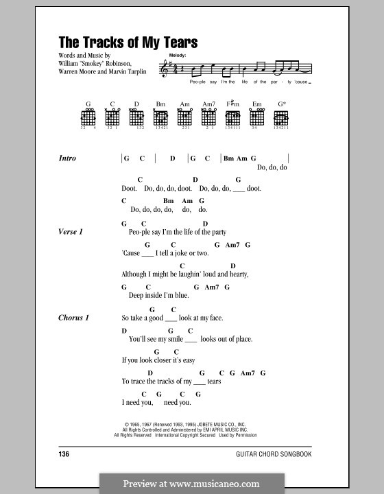 The Tracks of My Tears (The Miracles): Texte und Akkorde by Marvin Tarplin, Smokey Robinson, Warren Moore