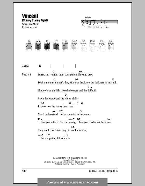 Vincent (Starry Starry Night): Text und Akkorde by Don McLean