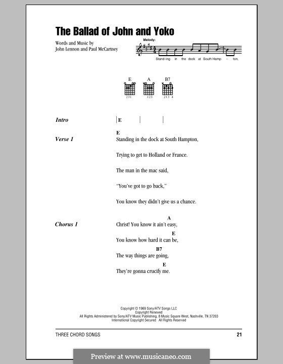 The Ballad of John and Yoko (The Beatles): Text und Akkorde by John Lennon, Paul McCartney