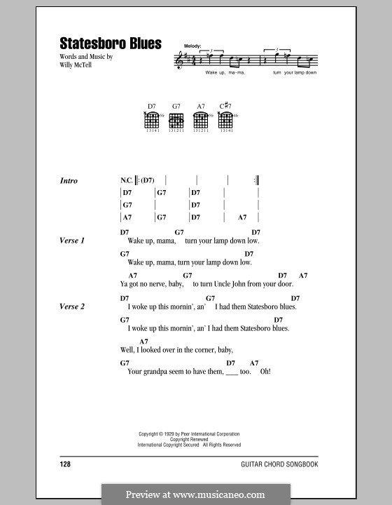 Statesboro Blues (The Allman Brothers Band): Texte und Akkorde by Blind Willie McTell