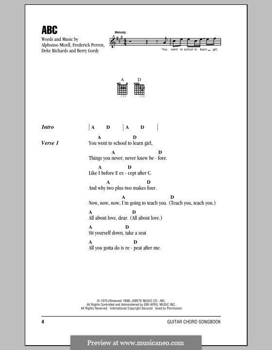 ABC (The Jackson 5): Text und Akkorde by Alphonso Mizell, Berry Gordy, Deke Richards, Freddie Perren
