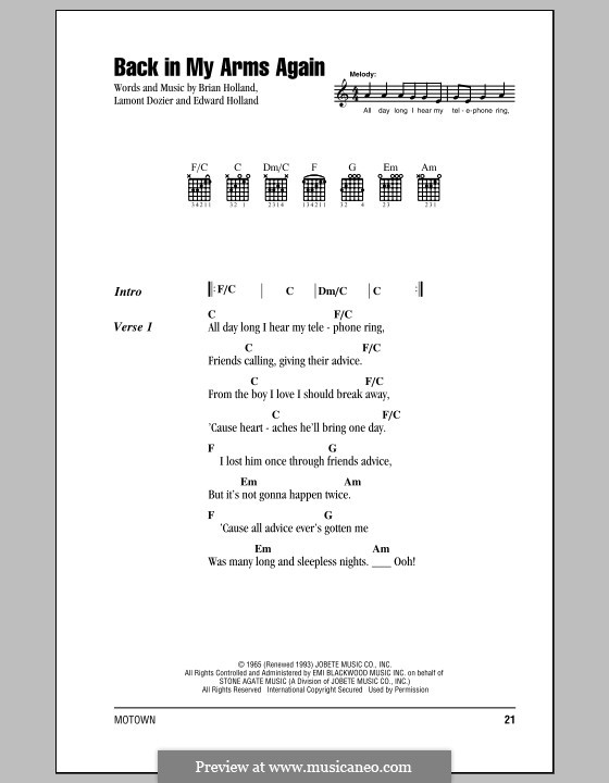 Back in My Arms Again (The Supremes): Text und Akkorde by Brian Holland, Edward Holland Jr., Lamont Dozier