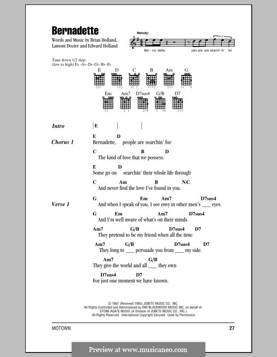 Bernadette (The Four Tops): Text und Akkorde by Brian Holland, Edward Holland Jr., Lamont Dozier