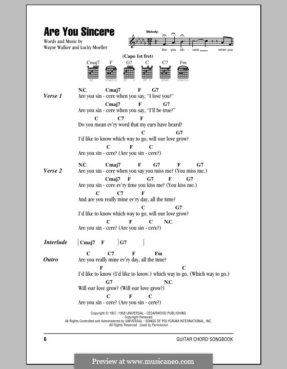 Are You Sincere: Texte und Akkorde by Lucky Moeller, Wayne P. Walker