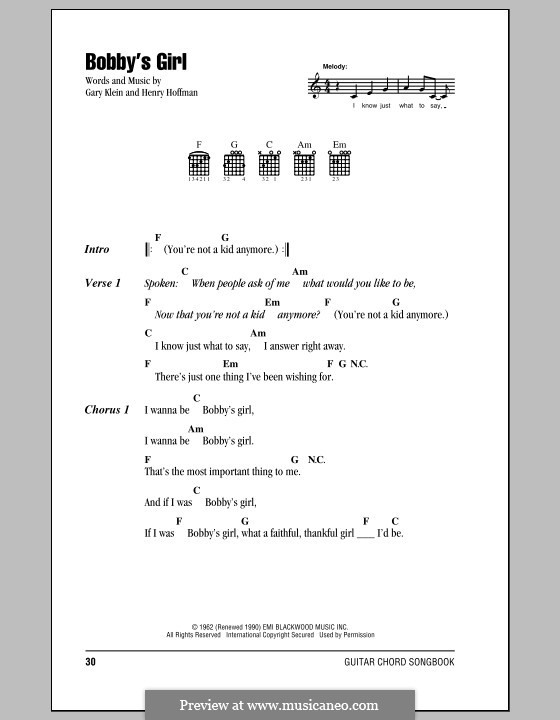 Bobby's Girl (Marcie Blane): Text und Akkorde by Gary Klein, Henry Hoffman
