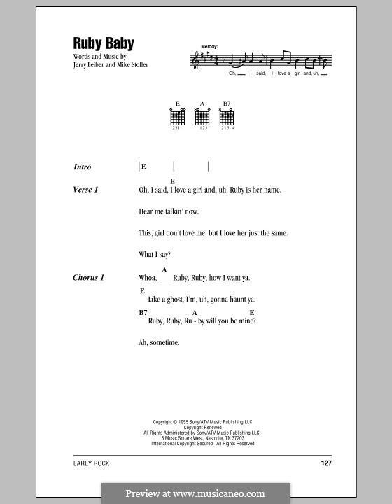 Ruby Baby (Dion): Text und Akkorde by Jerry Leiber, Mike Stoller