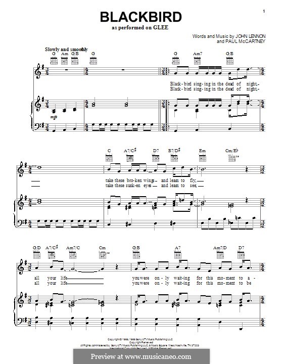 Blackbird (The Beatles): Für Stimme mit Klavier oder Gitarre (Glee Cast) by John Lennon, Paul McCartney
