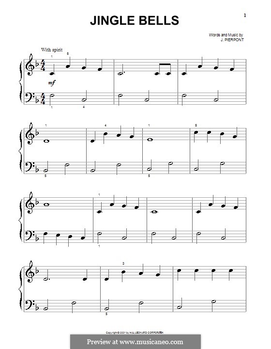 Piano version (printable scores): Very easy notes by James Lord Pierpont