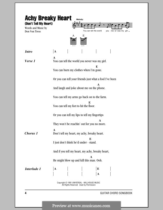 Achy Breaky Heart (Don't Tell My Heart): Text und Akkorde by Donald Von Tress